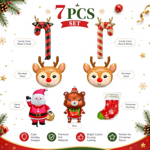 7 Pcs Christmas Foil Balloons Set - Santa Reindeer Bear Candy Cane Xmas Decorations