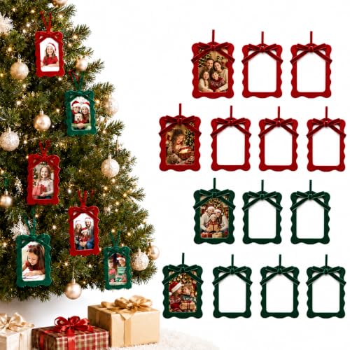 Christmas Velvet Photo Frame Ornaments Set - Red & Green Holiday Decor