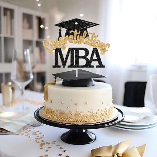MBA Graduation Cake Topper - Black and Gold Glitter Decoration