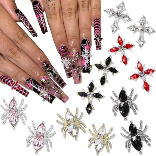RODAKY 12Pcs Cross & Spider Nail Art Charms with Colorful Rhinestones