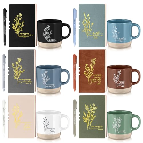 Bohemian Christian Gift Set - 6 Ceramic Mugs, Notebooks & Ballpoint Pens - Thanksgiving Religious Gifts