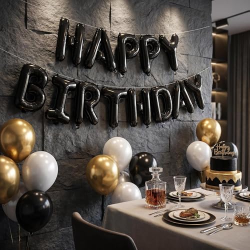 Black Happy Birthday Balloons Banner - 16-inch Foil Party Decorations