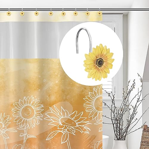 Sunlit Yellow Sunflower Shower Curtain Hooks - Summer Floral Resin Bathroom Decor, Set of 12
