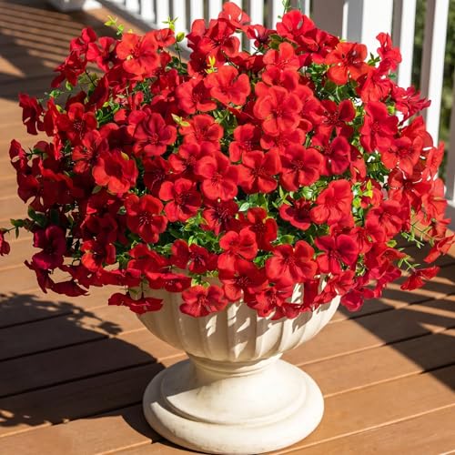 Roberly 12 Pcs Red Artificial Geranium Flowers for Outdoor Decor