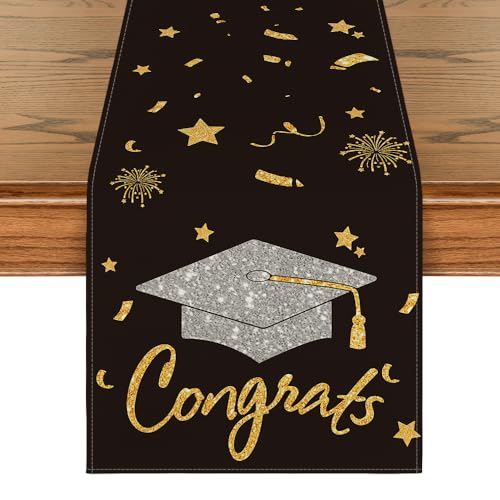 13x48 Inch Graduation Table Runner Black Diploma Cap Decor