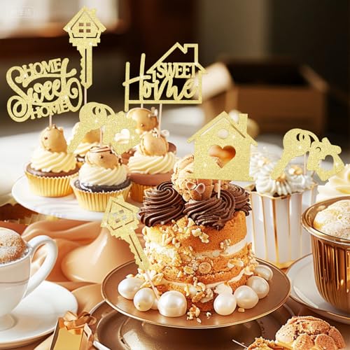 Golden Key Housewarming Cupcake Toppers - Glitter New Home Party Decor