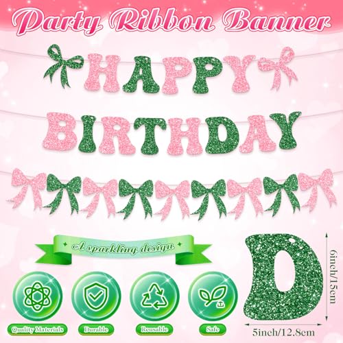 Pink and Green Bow Birthday Banner Garland - 3 Pre Strung Glitter Decorations