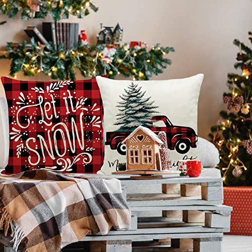 Hlonon Christmas Pillow Covers Set of 4 - 18x18 Inch Cotton Linen
