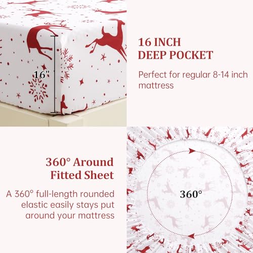 Christmas Queen Bed Sheet Set with Reindeer Pattern - Microfiber, Soft & Breathable, Deep Pockets, Red, 4-Piece