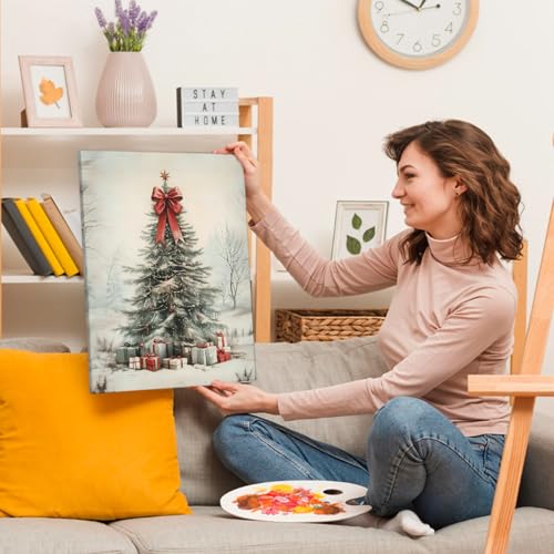 Christmas Wall Decor Canvas Art - Pine Tree with Bow, 11x14 Inches, Color 2