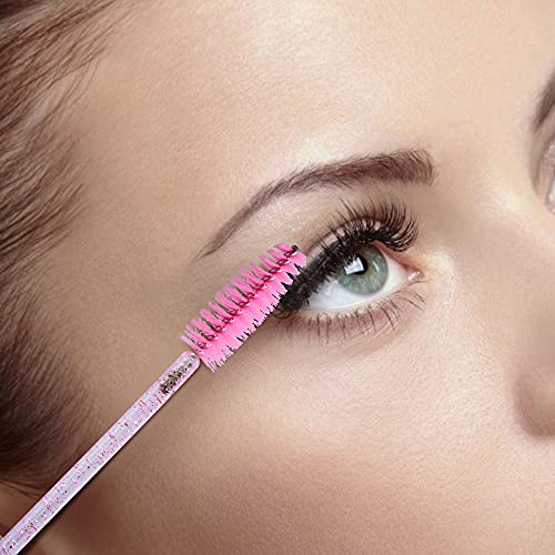 G2PLUS 100PCS Disposable Eyelash Mascara Brushes with Pink Crystal Handles