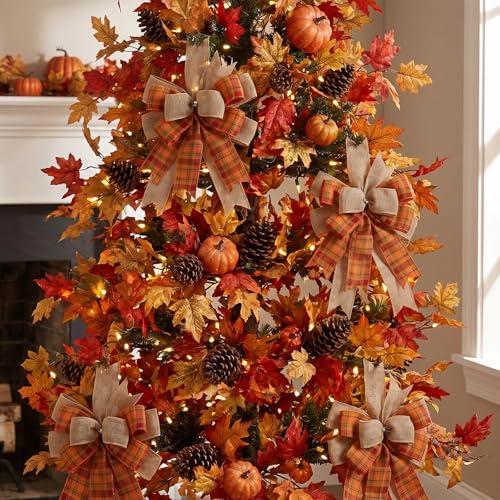 Kutyndrix Fall Wreath Bow - Orange Burlap & Plaid Ribbon 9.4 x 11.8 Inch