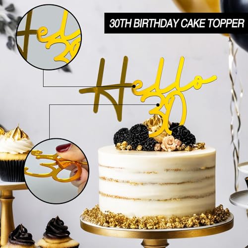 30th Birthday Cake Topper Set - 24 PCS, 8 Styles in Gold, Black & Silver