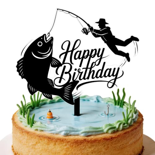Fishing Birthday Cake Topper - Acrylic Gone Fishing Decor for Men