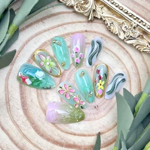 Green Press on Nails Medium Almond 3D Koi Fish Flower Fake Nails