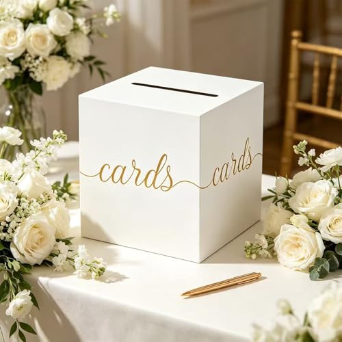 Elegant White and Gold Wedding Card Box with Foil Accents