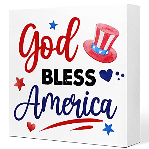 God Bless America Patriotic Wooden Block Sign 4th of July Desk Decor