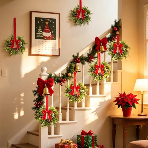 6 Pcs Christmas Wreath for Cabinets 14-Inch with Red Bows & Pine Cones - Holiday Decor