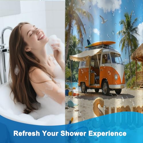 TQUQOBU Summer Camping Waterproof Shower Curtain Set 72x72 Inches with Tropical Beach Design & 12 Hooks