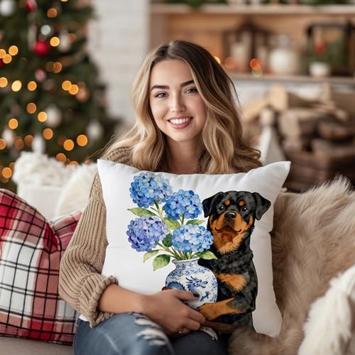Rottweiler Chinoiserie Hydrangea 18x18 Flannel Throw Pillow Cover (Dog-pillow)
