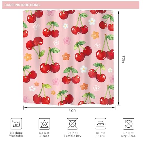 Riyidecor Cherry Floral Shower Curtain, Pink Kawaii Bathroom Decor, 72x72 Inch