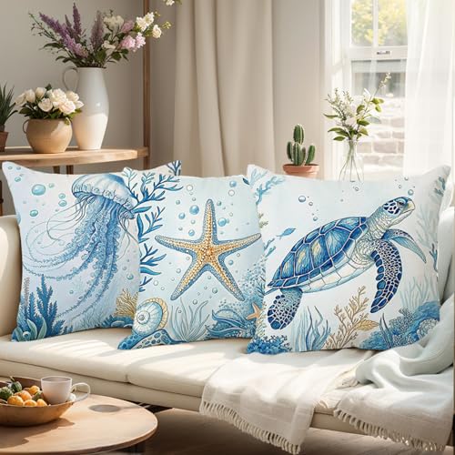 Coastal Throw Pillow Covers 18x18 Blue Marine Life Set of 4 Nautical Velvet