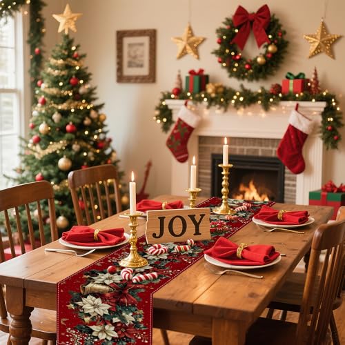 Christmas Table Runner 13x72 Inches - Red Vintage Poinsettia Variation