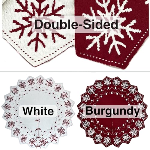 48-Inch Reversible Knit Snowflake Christmas Tree Skirt - Burgundy & White