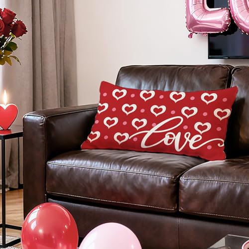 Valentine's Day Decorative Throw Pillow Cover 12x20 | Cotton Linen Love Heart Design