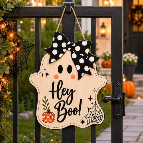 Hey Boo Ghost Door Sign - Cute Wooden Halloween Decoration