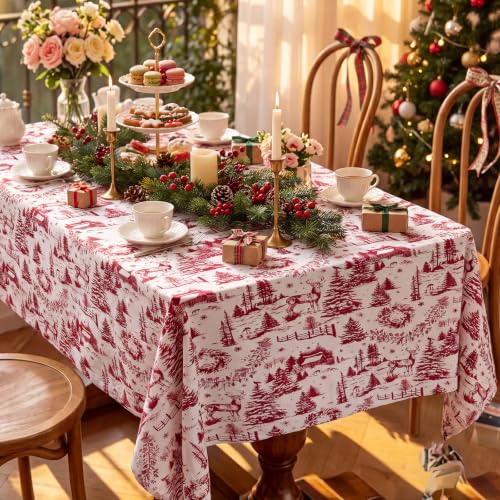 Christmas Toile Tablecloth 60x84 Inch Burgundy Vintage French Pattern