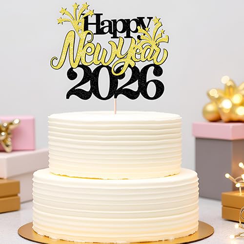 Happy New Year 2026 Cake Topper with Glitter Stars - Party Decor