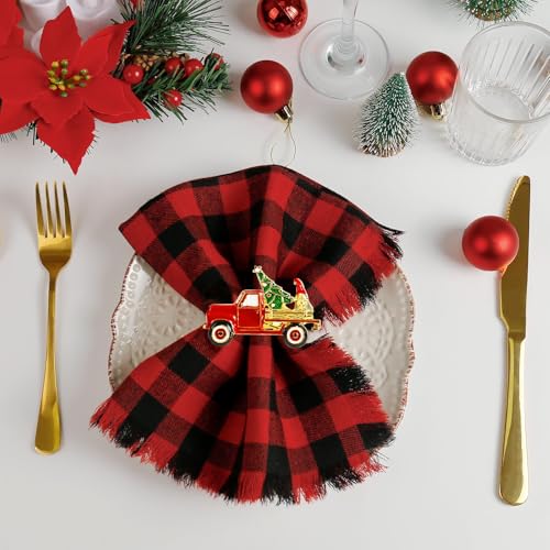 Christmas Car and Tree Napkin Rings Set of 6 - Red Truck & Gnomes Holiday Decor