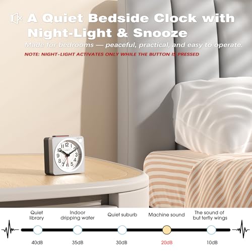 AYRELY Compact Battery Operated Travel Alarm Clock - Silent Analog, Snooze & Light