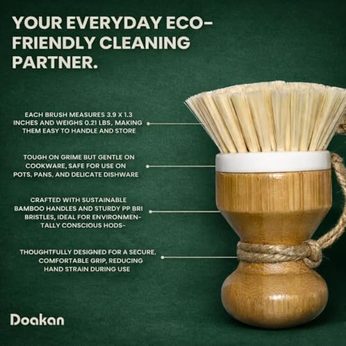 Set of 2 Eco-Friendly Bamboo Dish Scrubbing Brushes with Ergonomic Handles