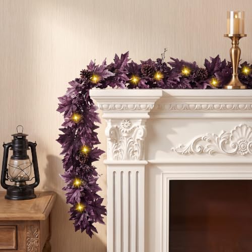 Purple Fall Garland with 30 Lights & Timer 6Ft Autumn Decor