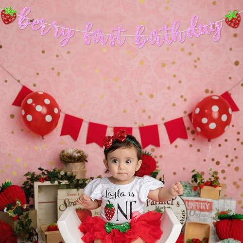 Glitter Strawberry First Birthday Banner - Sweet Berry Party Decor
