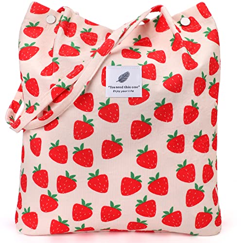 Large Strawberry Corduroy Tote Bag for Women - Reusable Grocery Shoulder Purse with Pockets