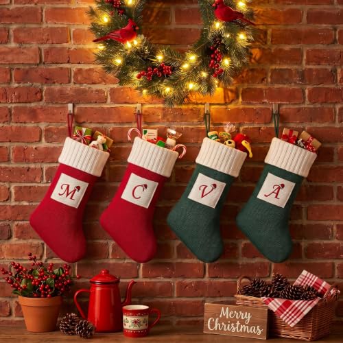 Christmas Stockings with Initials 19 Inches Green & White Knit with Greeting Card - Letter D Variation