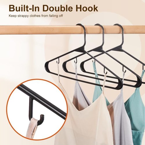 HOUSE DAY Black Plastic Hangers - Durable 50 Pack with Built-in Hooks | Space-Saving Clothing Solution for Shirts, Coats, Dresses
