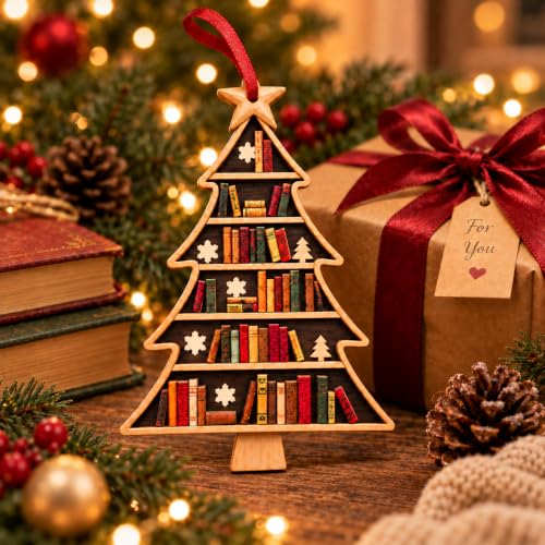 Book Lovers Christmas Tree Ornament - Wooden Book Stack with Snowflakes - Book Tree 1