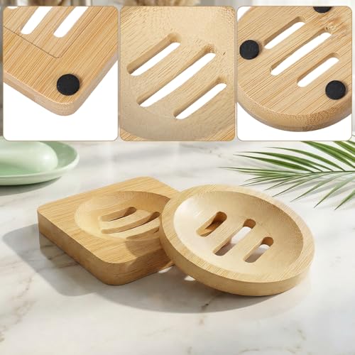 2 Pcs Wooden Soap Saver Dish Set - Natural Bamboo Self-Draining Shower Holders