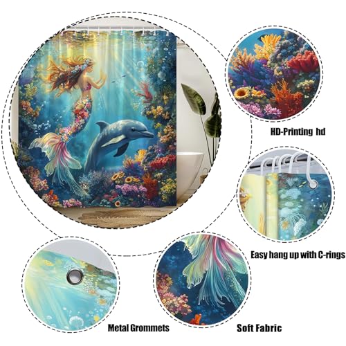 Ocean Mermaid Shower Curtain - 70" x 70" Floral Underwater Decor