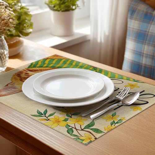 HOMETITUTE Spring Floral Cat Placemats Set of 4 12x18 Linen