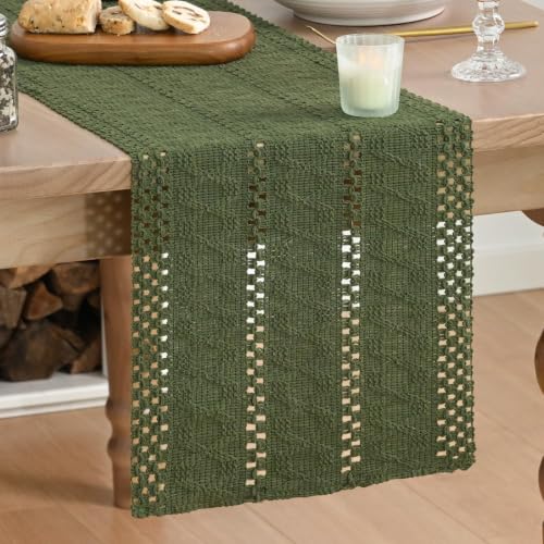 Army Green Woven Farmhouse Table Runner 12x108 Inch - Durable Polyester Cotton