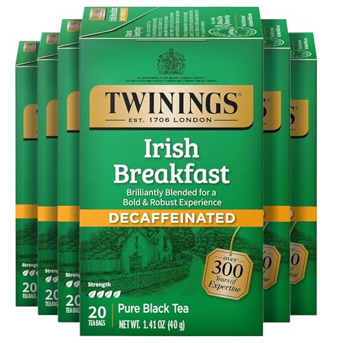 Twinings Decaffeinated Irish Breakfast Black Tea - 20 Count Pack of 6, Individually Wrapped Bags
