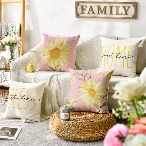 AVOIN Home Sweet Home Floral Throw Pillow Covers, Pink & White, 18x18, Set of 4