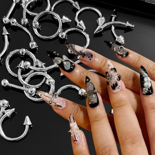 50Pcs Gothic Nail Charms Y2k Silver Piercing Spikes & Rhinestones