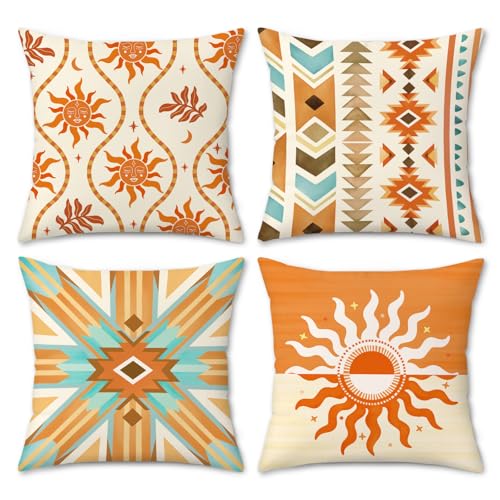 Boho Western Throw Pillow Covers Set of 4 - 18" x 18" Velvet Aztec Design