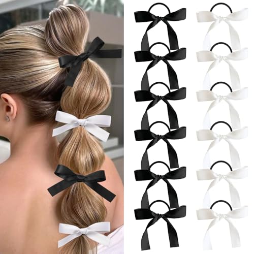 Auseibeely 12PCS Silk Satin Hair Bows Ponytail Holders Black White